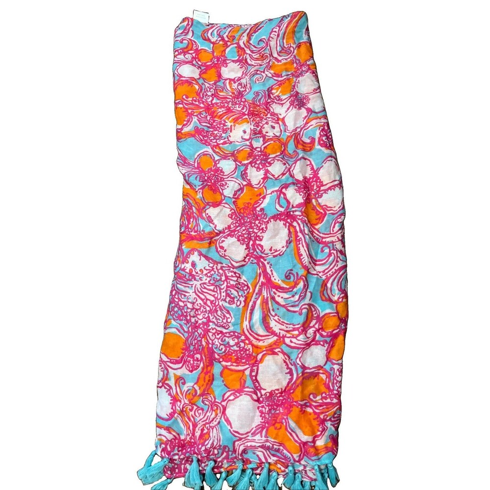 Lilly Pulitzer Riley Infinity Scarf "Feeling Tanked" Tassels Pink Blue Orange